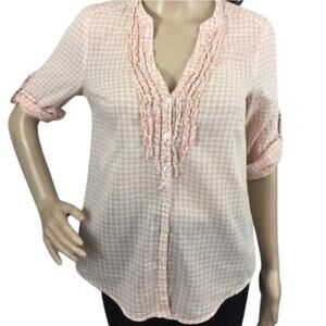 LC Lauren Conrad Pink Gingham‎ Blouse  V-Neck Ruffled Button Down Shirt  medium